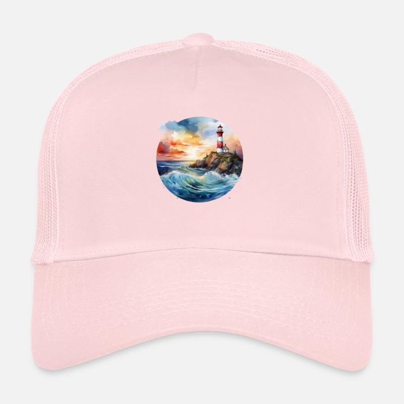 Phare majestueux au coucher du soleil avec des vagues déferlantes Casquette trucker 