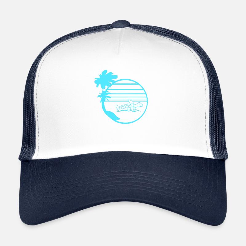 Palm Trees Turtle Swimming Stripe Sun Round Trucker Cap