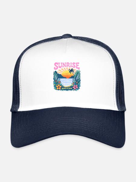 Design rétro vintage : Lever du soleil paix et amour - Casquette trucker  - blanc/marine - Devant