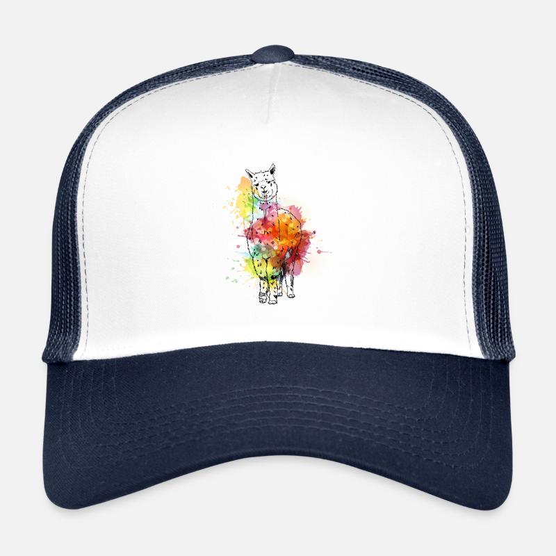 Süßes hangezeichnetes Alpaka mit Farbsplatter - Trucker Cap - Weiß/Navy