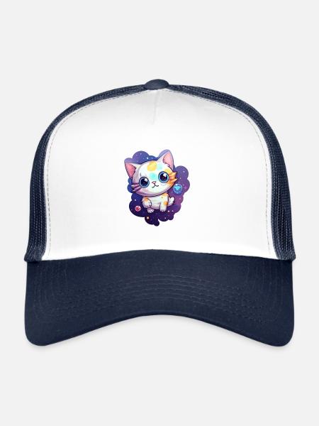 Cute cartoonish kitty floating in space - Trucker Cap - white/navy - Front