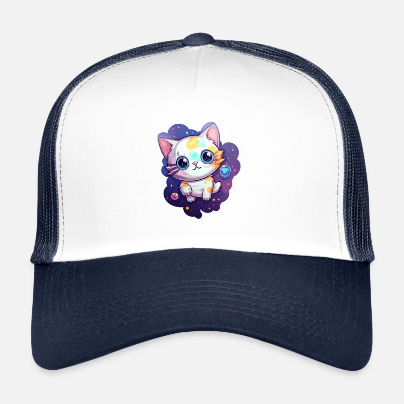 cute cartoonish kitty floating in space Trucker Cap