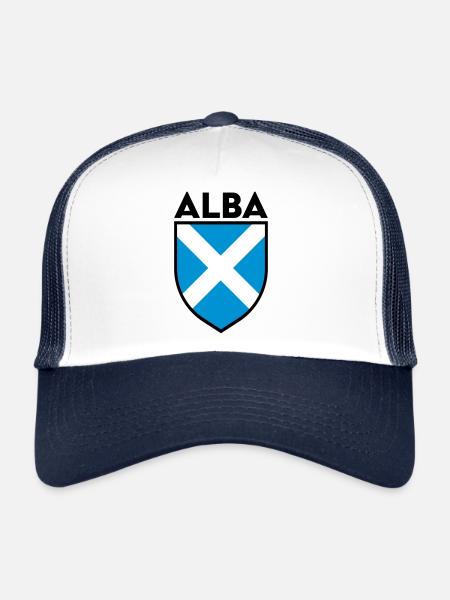 Alba Saltire Flag Shield (Black Outline) - Trucker Cap - white/navy - Front