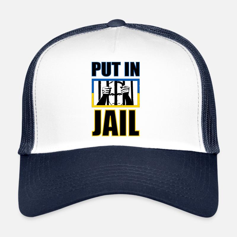 Putin Jail- Putin behind bars with Ukraine flag Trucker Cap