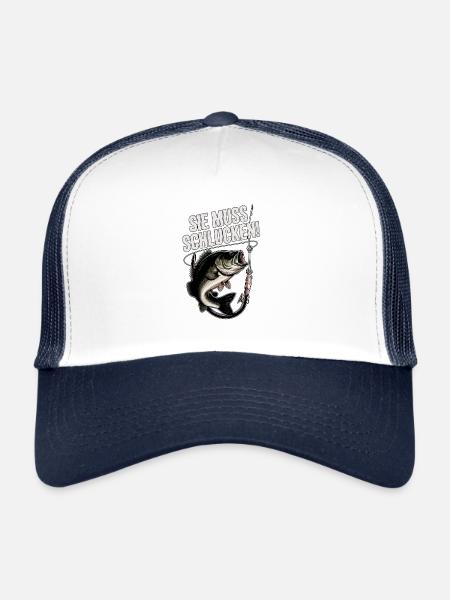 Elle doit avaler ! Chemise à slogan de pêcheur drôle - Casquette trucker  - blanc/marine - Devant