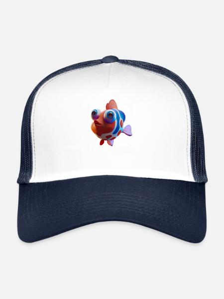 Poisson 3D mignon avec de grands yeux - Casquette trucker  - blanc/marine - Devant