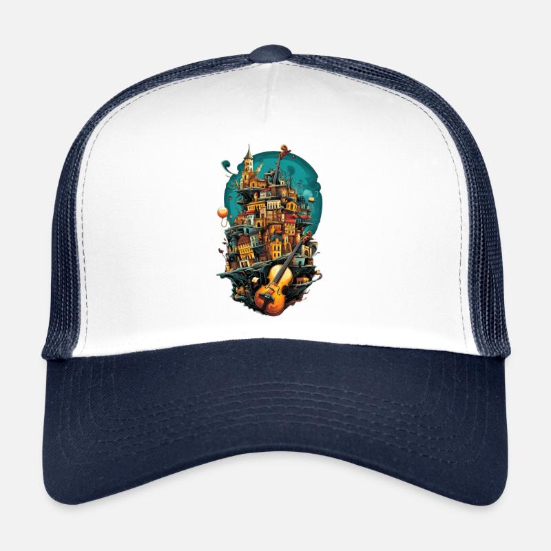 Une ville surréaliste avec un violon dans le ciel Casquette trucker 