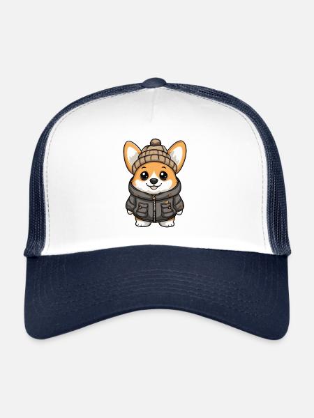 Chien Corgi élégant - Casquette trucker  - blanc/marine - Devant
