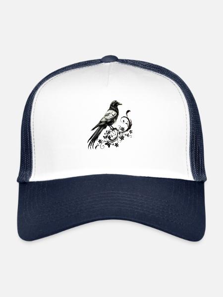 Crow, Tribal, Raven Bird, Nordic, Floral, Wicca - Trucker Cap - white/navy - Front