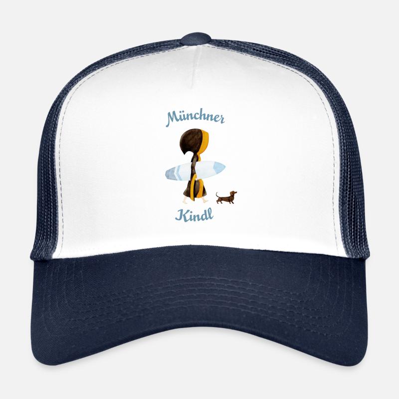 Münchner Kindl mit Surfbrett - Trucker Cap - Weiß/Navy