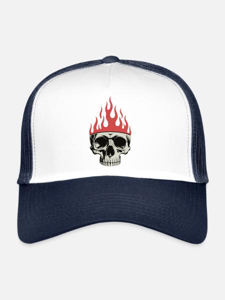 Couronne de flammes crâne - Cool Skeleton Tattoo - Casquette trucker  - blanc/marine - Devant