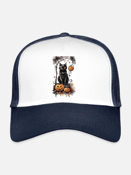 Halloween sorcière chat et citrouilles amant Design - Casquette trucker  - blanc/marine - Devant