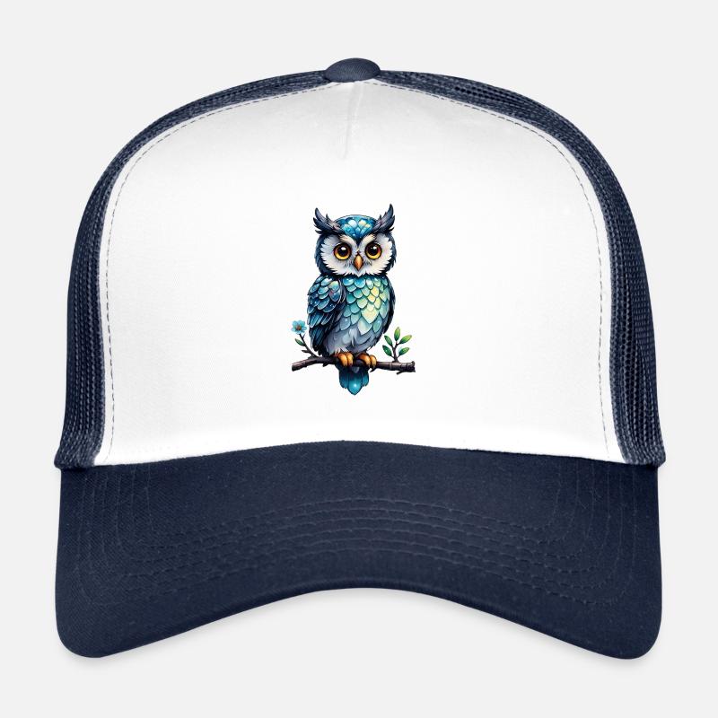 Owl on a flowering branch 1 Trucker Cap