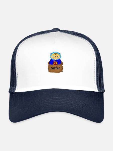 Café dans un poke avec un chat et une tasse de café - Casquette trucker  - blanc/marine - Devant