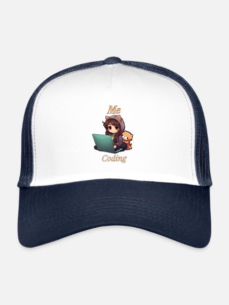 "Code Cutie: Anime-inspired Girl Coding" - Trucker Cap - white/navy - Front