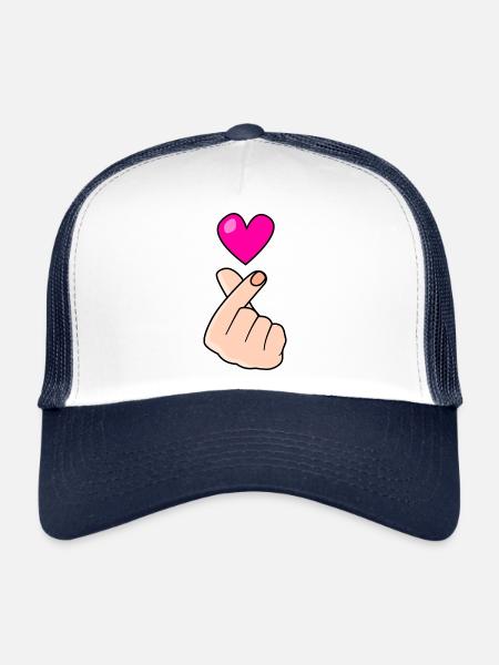 Doigt coeur signe d’amour sur noir - Casquette trucker  - blanc/marine - Devant