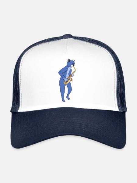 JAZZ CAT PLAYING SAXOPHONE - SAX CAT - Trucker Cap - white/navy - Front