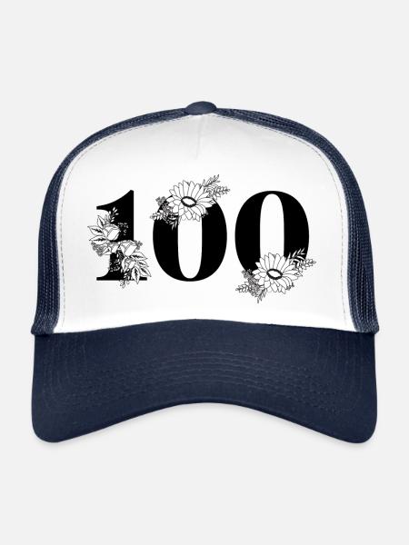 Numéro 100 floral noir - 100e anniversaire floral - Casquette trucker  - blanc/marine - Devant