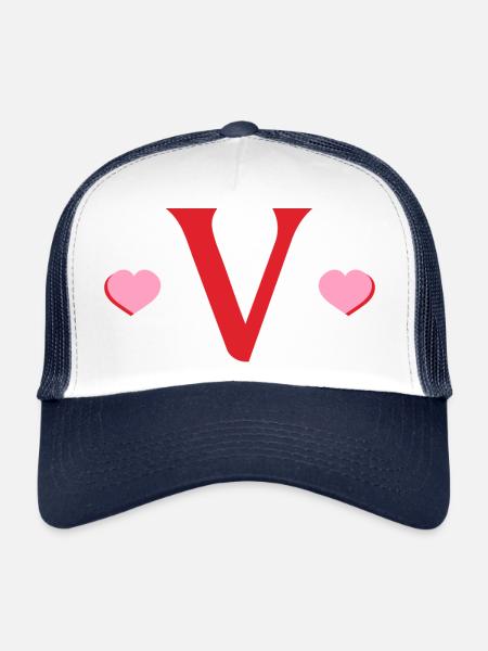 Lettre v cœurs rouges - Casquette trucker  - blanc/marine - Devant