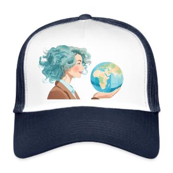 Mutter Natur (Frau hält Erdball) - Trucker Cap - Weiß/Navy - Vorne