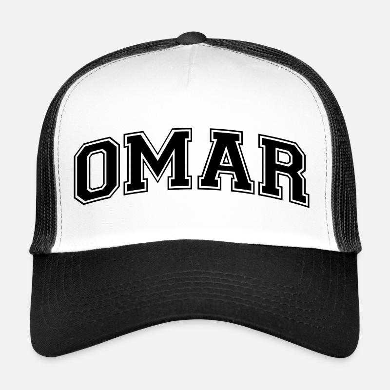 omar name arched college style text Trucker Cap