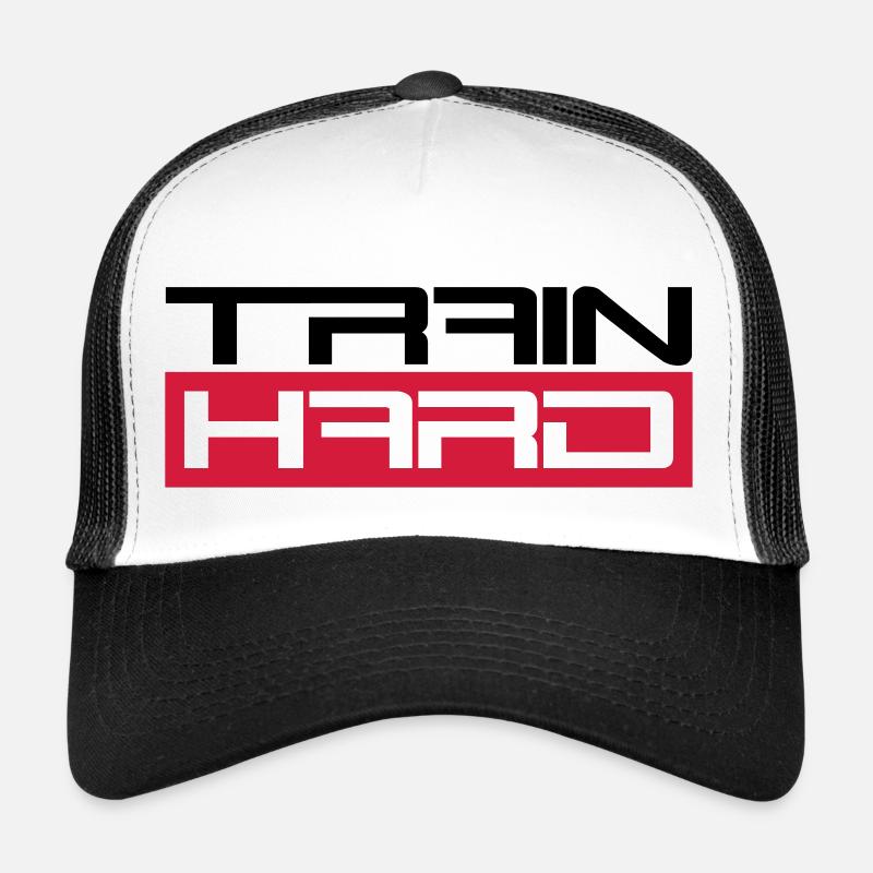 workout cool design text dumbbell train hard exerc Trucker Cap