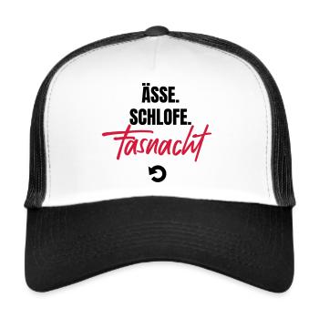 Essen, schlafen, Fasnacht, repeat! - Trucker Cap - Weiß/Schwarz - Vorne