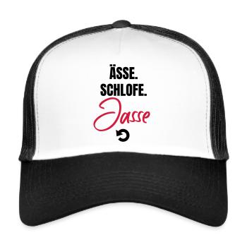 Essen, schlafen, jassen, repeat! - Trucker Cap - Weiß/Schwarz - Vorne