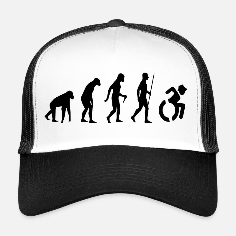 Rollstuhl-Evolution für Rollen. Humor im Rollstuhl # - Trucker Cap - Weiß/Schwarz