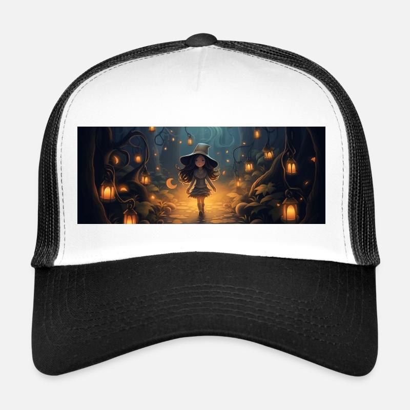Petite sorcière sur un chemin de lanternes - Casquette trucker - blanc/noir