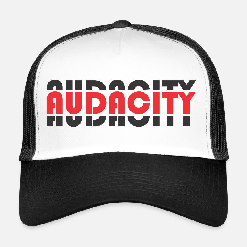 Audacity lettering in contrasting red Trucker Cap