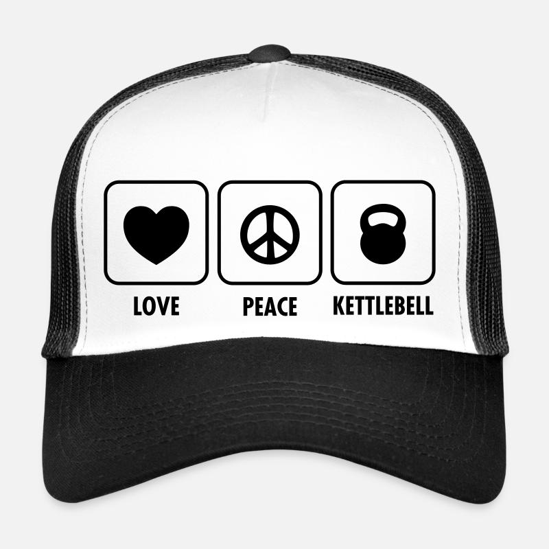 Love, Peace, Kettlebell - Trucker Cap - Weiß/Schwarz