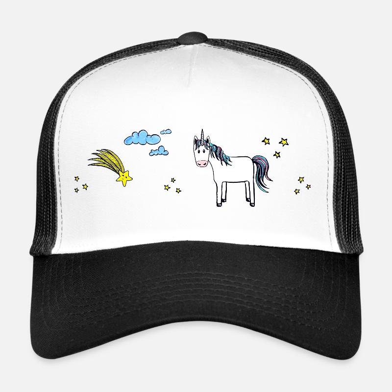 Einhörn mit Sternchen, Sternschnuppe und Wolken - Trucker Cap - Weiß/Schwarz