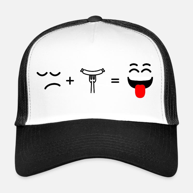 trauriges Gesicht, Wurst essen und glücklich Trucker Cap