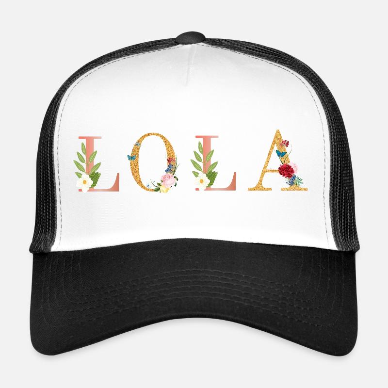 Art du nom LOLA avec des fleurs brodées Casquette trucker 