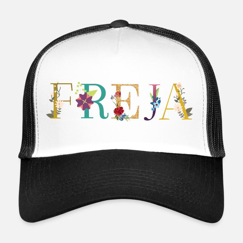 Le nom FREJA est décoré de fleurs Casquette trucker 