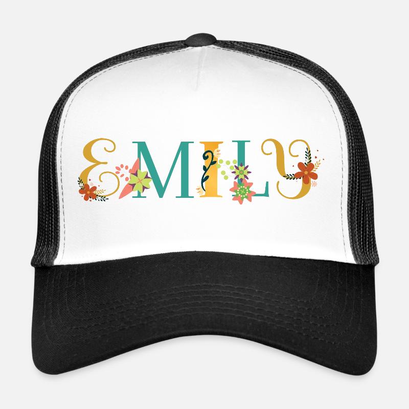 EMILY Name Art With Flowers Embroidered - Trucker Cap - white/black