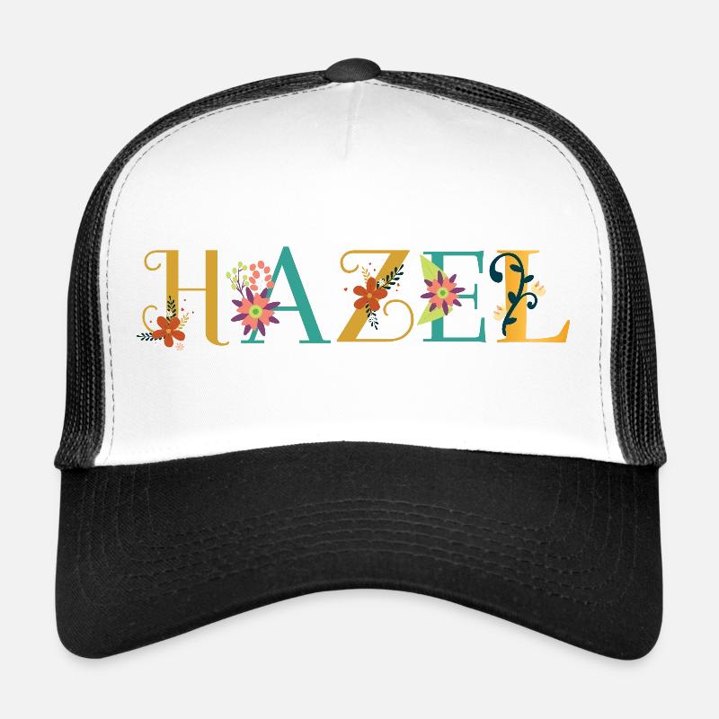 HAZEL Name Art With Flowers Embroidered - Trucker Cap - white/black