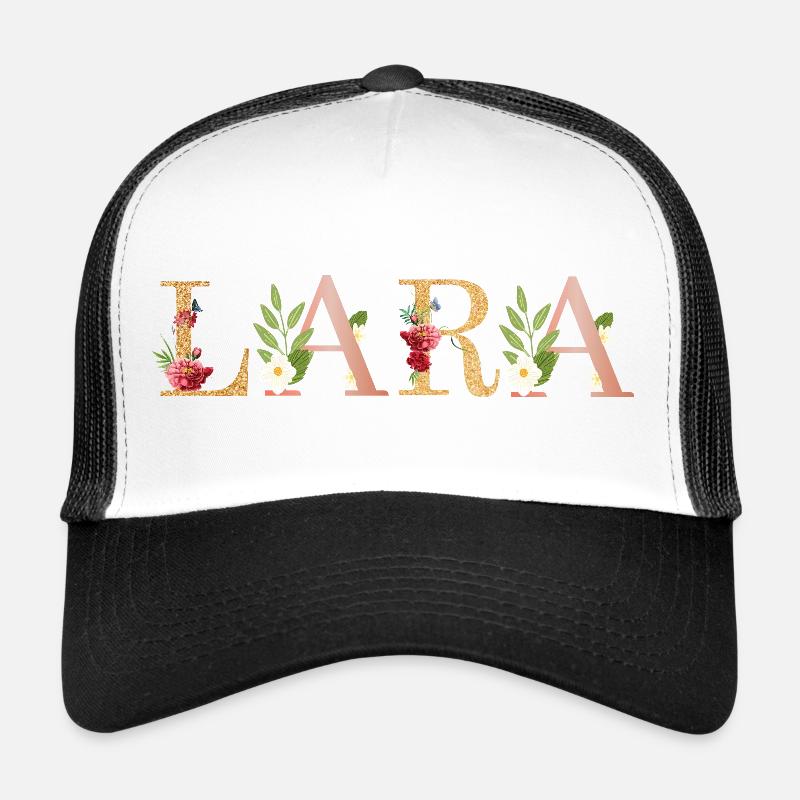 LARA Namenskunst mit gestickten Blumen - Trucker Cap - Weiß/Schwarz