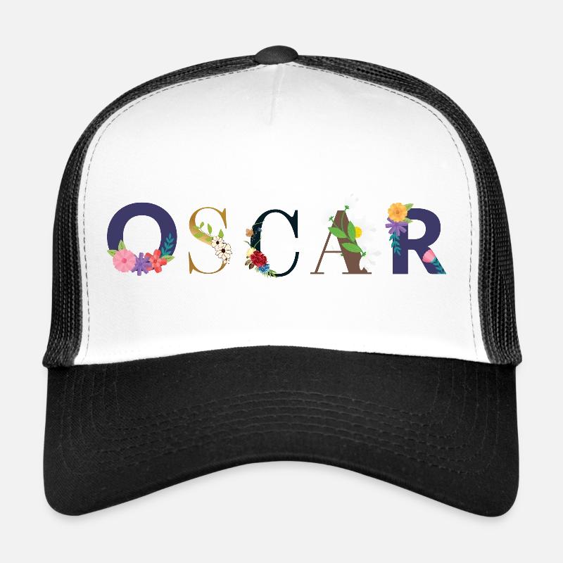 Le nom d’OSCAR décoré de fleurs - Casquette trucker  - blanc/noir