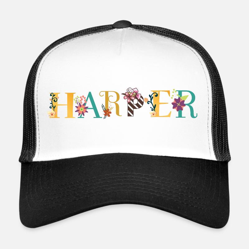HARPER Name Art With Flowers Embroidered Trucker Cap