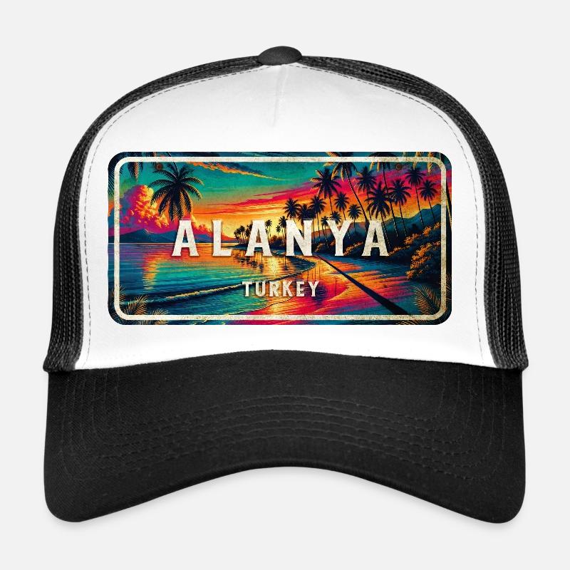 Panneau de coucher de soleil vintage Alanya Turkey Casquette trucker 