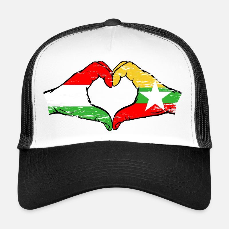 Hongrie Myanmar drapeau mains forme de coeur utilisé Casquette trucker 