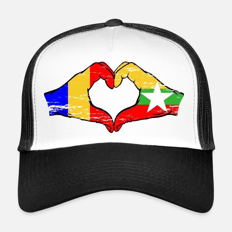 Roumanie Myanmar drapeau mains forme de coeur utilisé Casquette trucker 