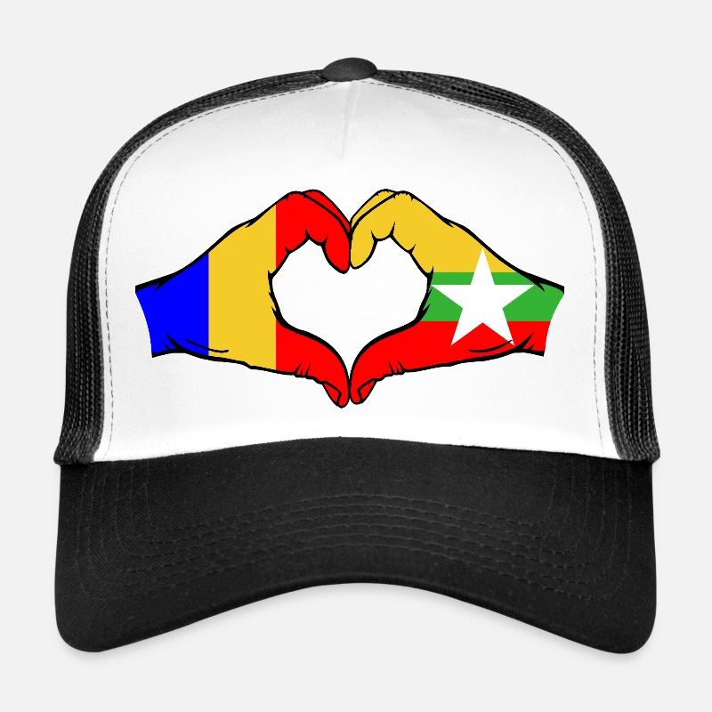 Roumanie Myanmar Drapeau Mains Coeur Forme Casquette trucker 