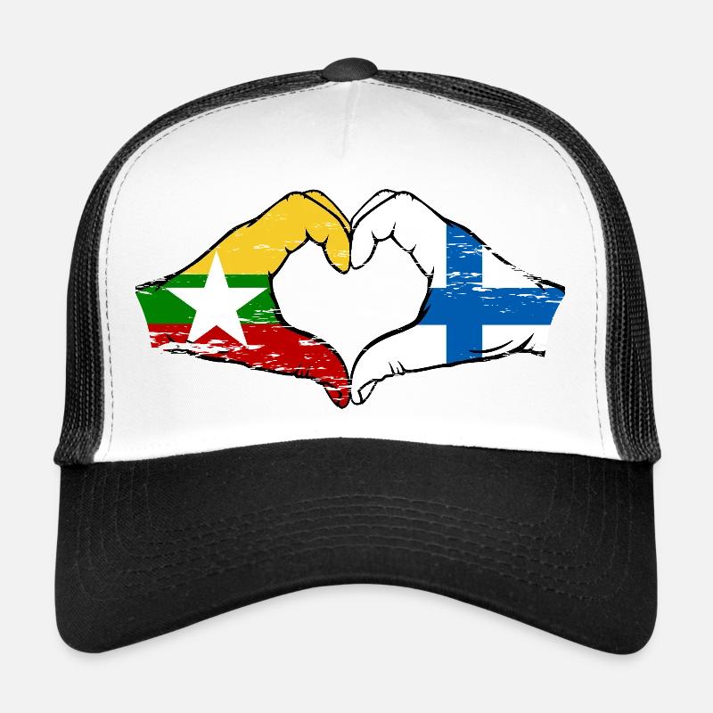 Myanmar Finlande drapeau mains forme de coeur utilisé Casquette trucker 