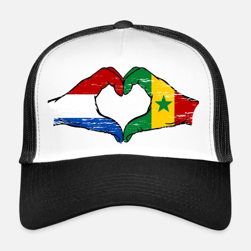 Drapeau Hollande Sénégal mains en forme de cœur utilisé Casquette trucker 