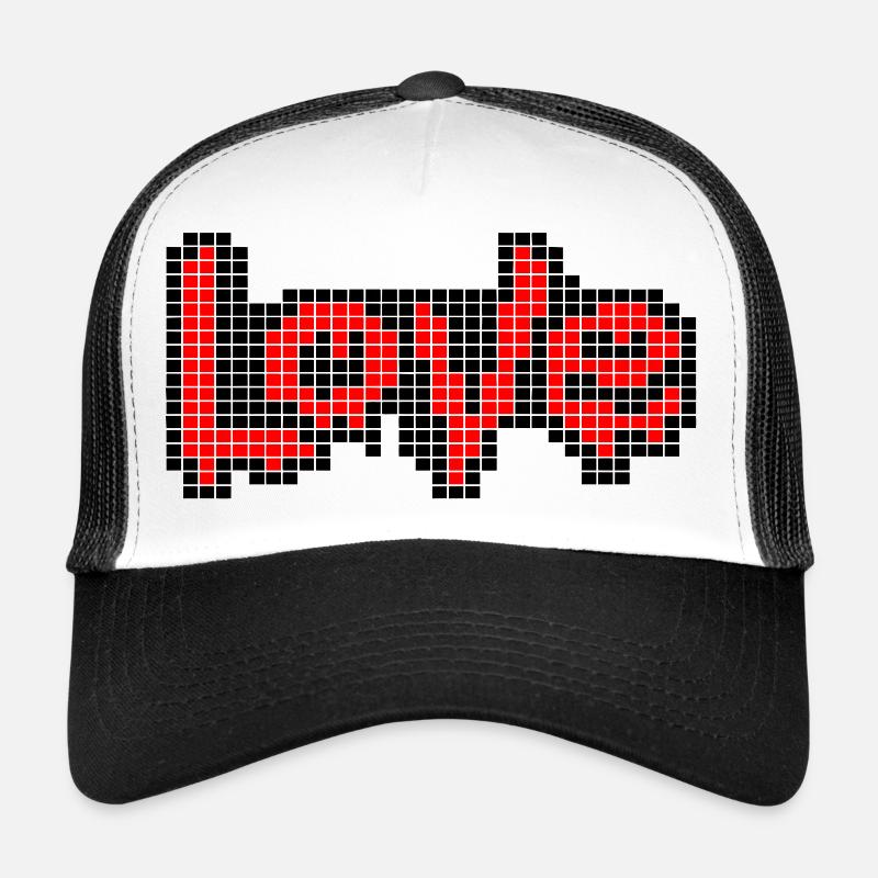 Pixel Art Text – LOVE in Red Letters Trucker Cap