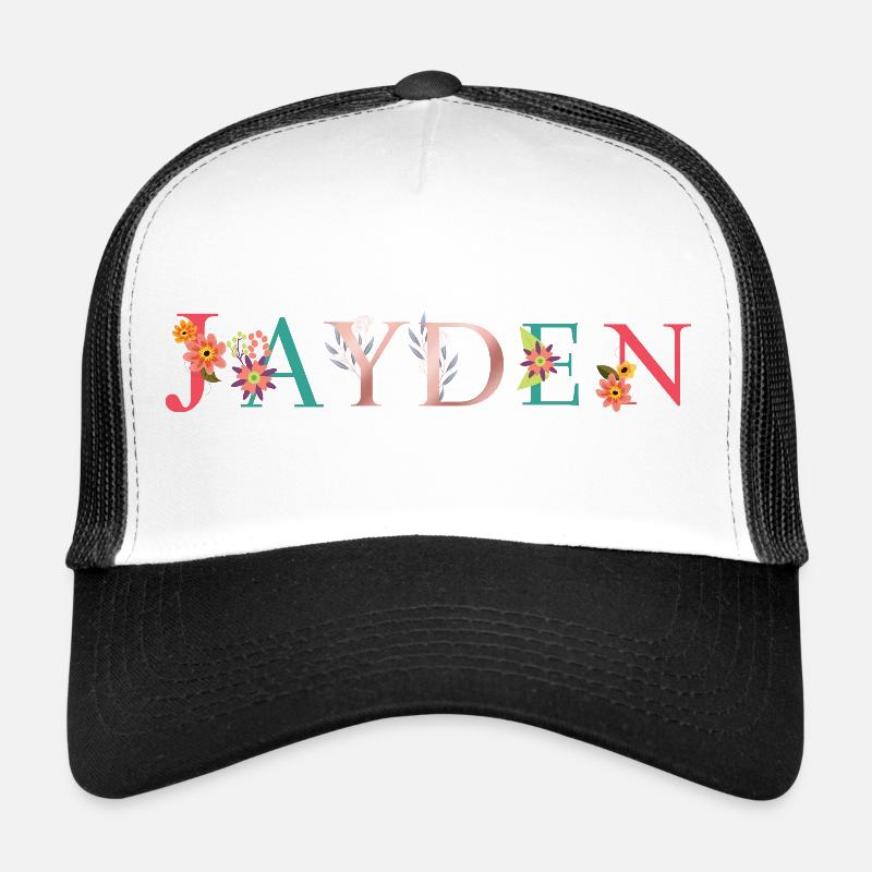 JAYDEN Namenskunst mit gestickten Blumen - Trucker Cap - Weiß/Schwarz