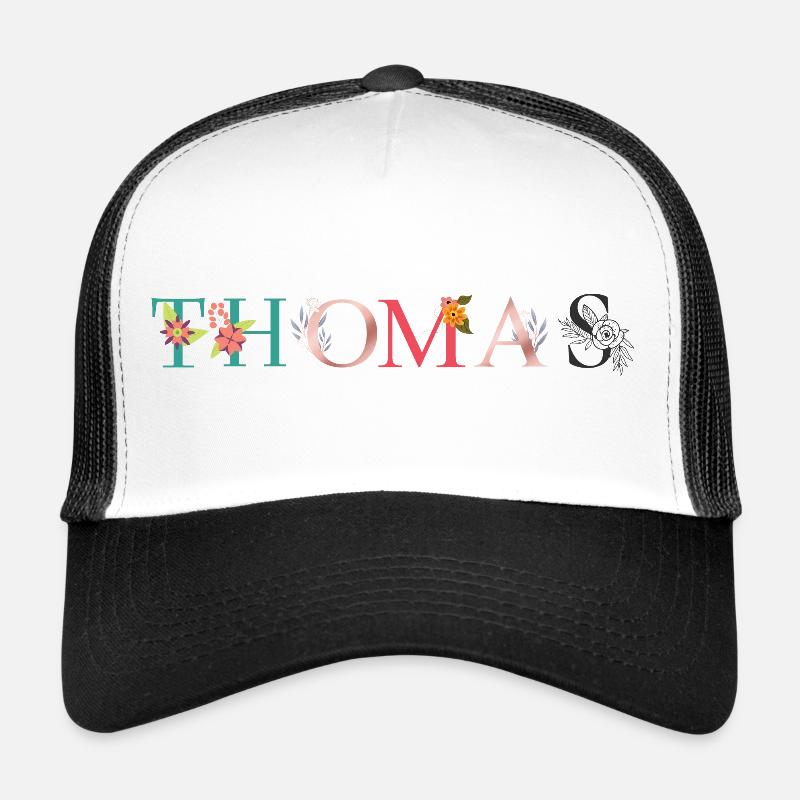 THOMAS Name Art With Flowers Embroidered Trucker Cap